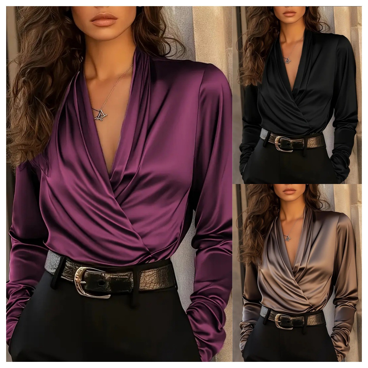 Women'S Formal Evening Wear Tops - Blusa Feminina de Cetim com Decote
