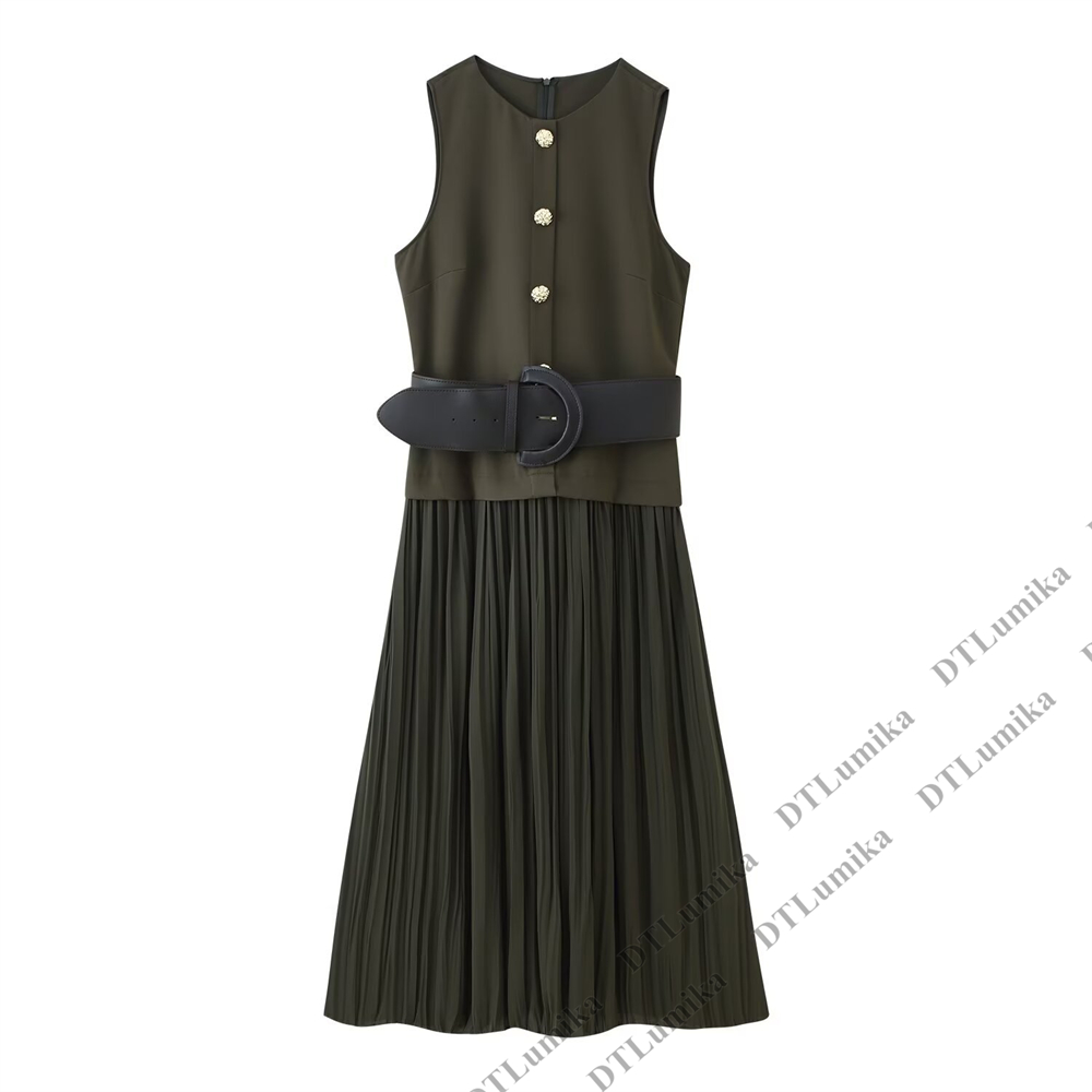 Vestido Midi Plissado Verde Ol - Women Formal Wear Belt avaliação e preço