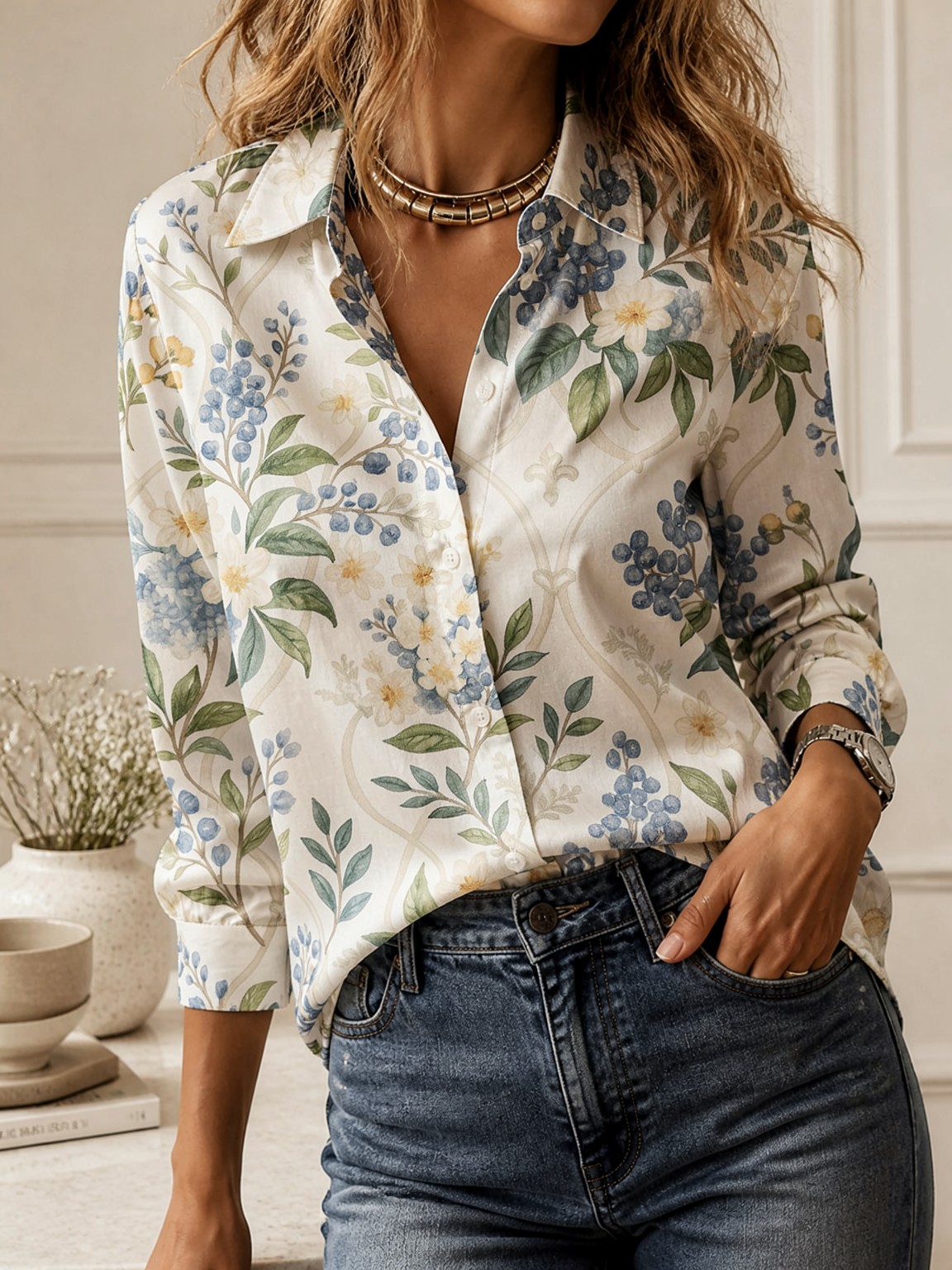 Blusa Casual com Gola, Manga L - Women'S Formal Wear Blouse avaliação e preço